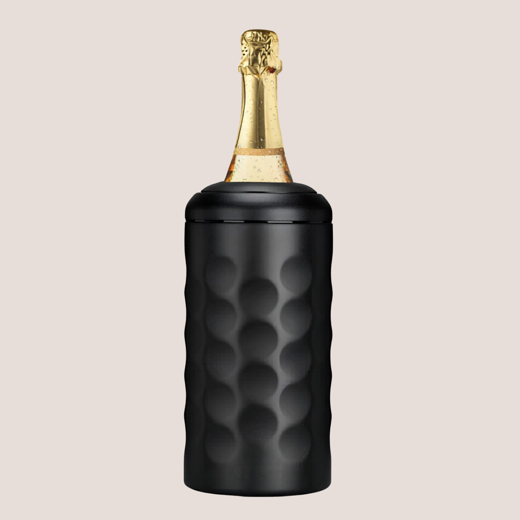 Black textured wine cooler with a champagne bottle on a beige background