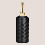 Black textured wine cooler with a champagne bottle on a beige background