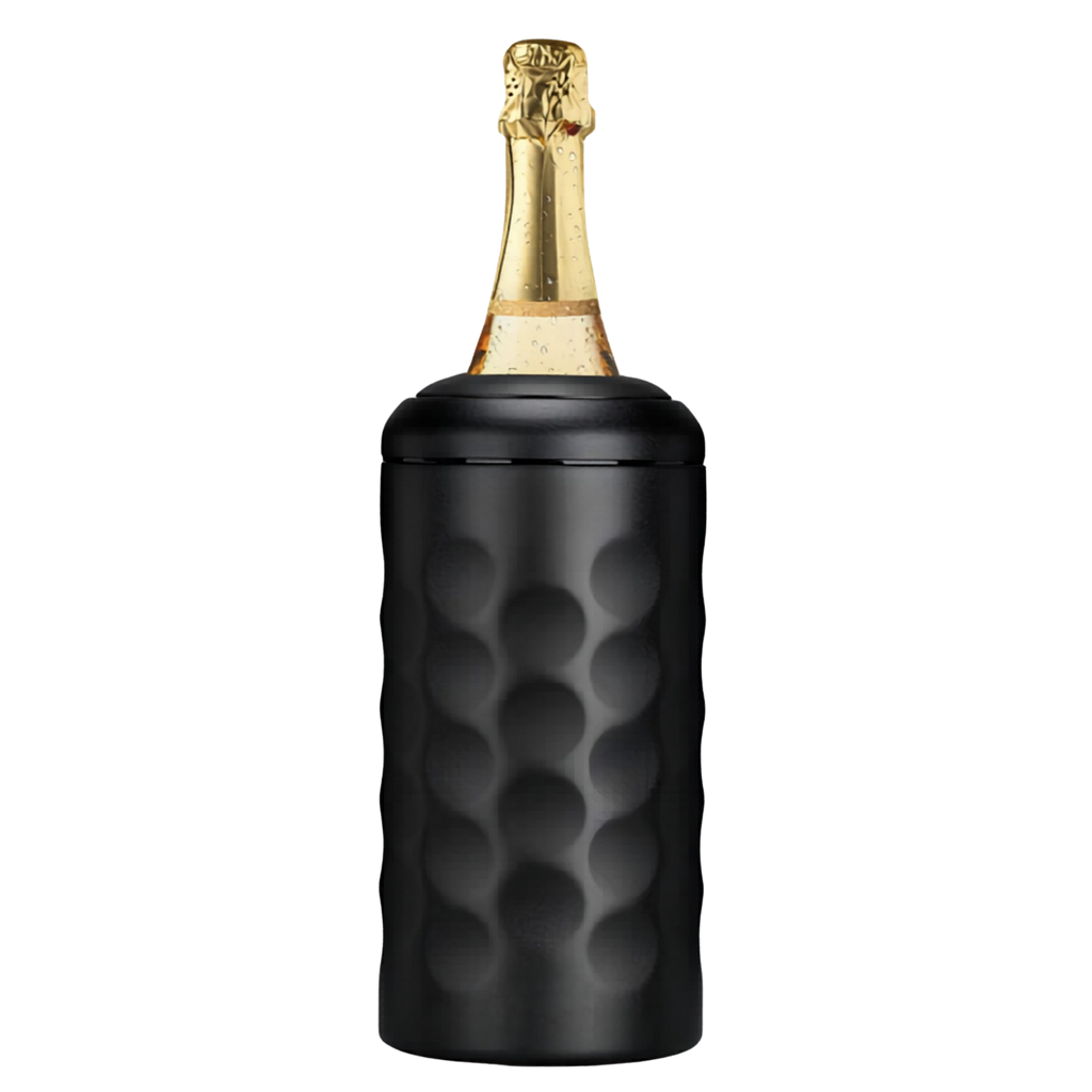 Black textured wine cooler with a champagne bottle inside on a transparent background