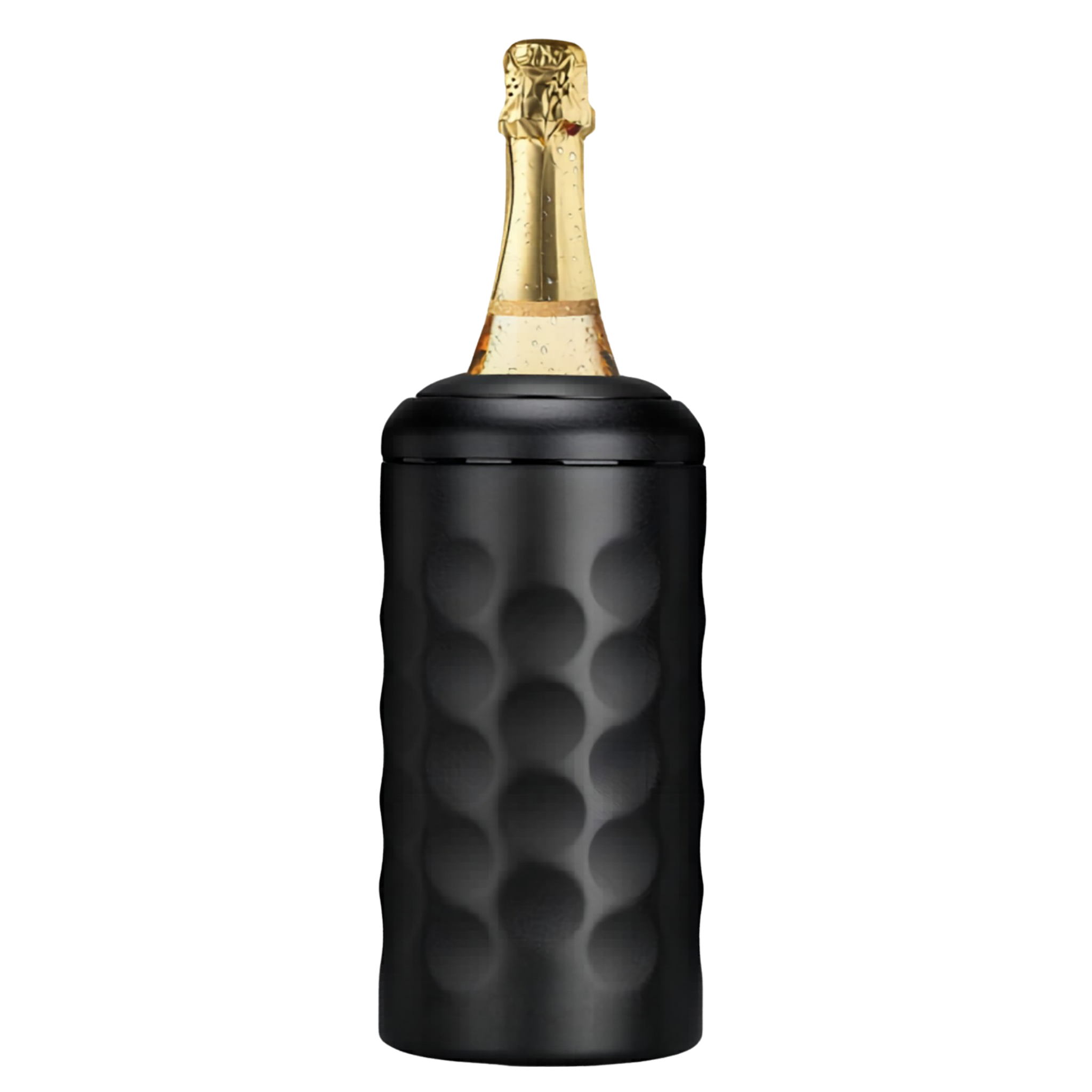 Black textured wine cooler with a champagne bottle inside on a transparent background